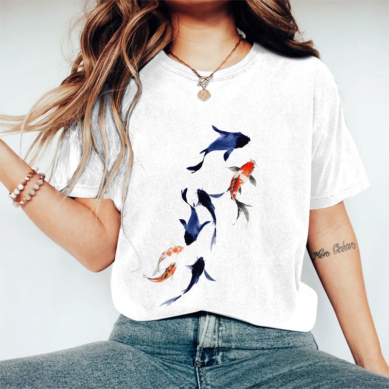 100% Cotton Koi Ink Painting Art Print Casual T-shirt - White - 2XL - image 3