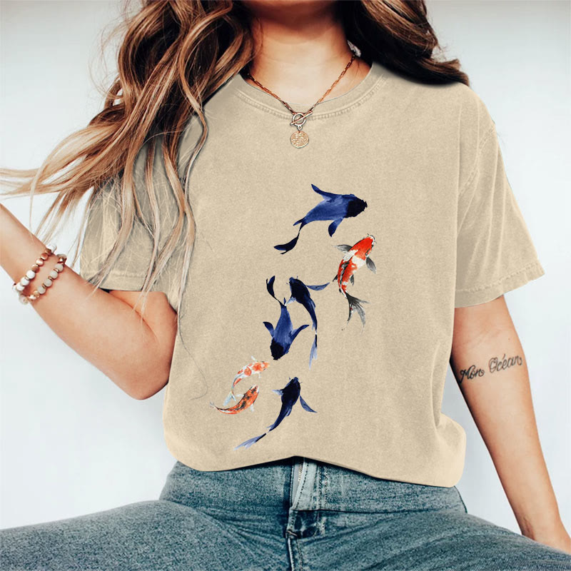 100% Cotton Koi Ink Painting Art Print Casual T-shirt - Khaki - 2XL - image 6