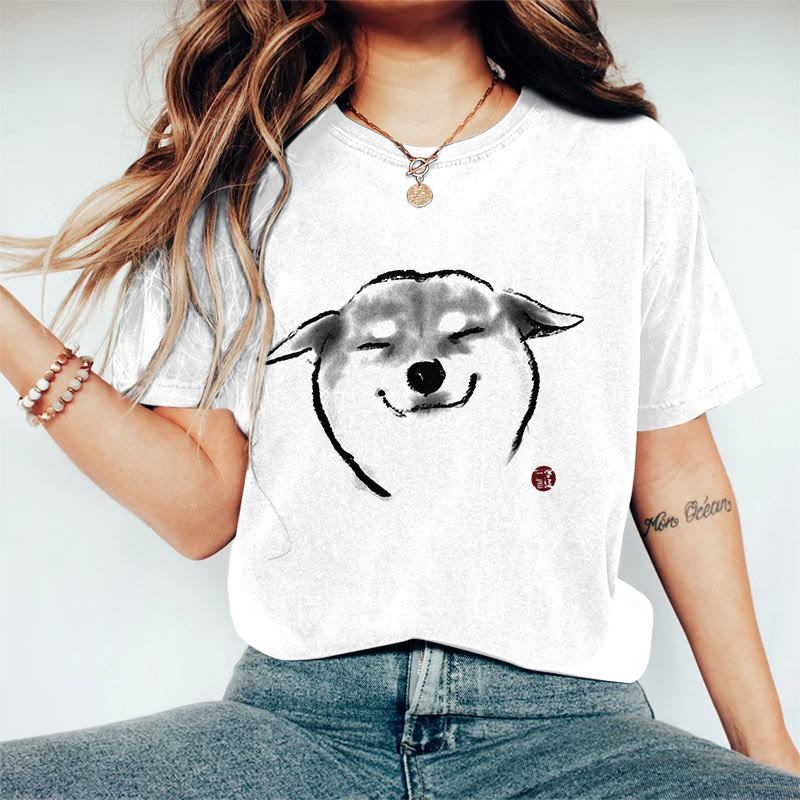 100% Cotton Cute Shiba Inu Print Casual T-shirt - White - 2XL - image 3