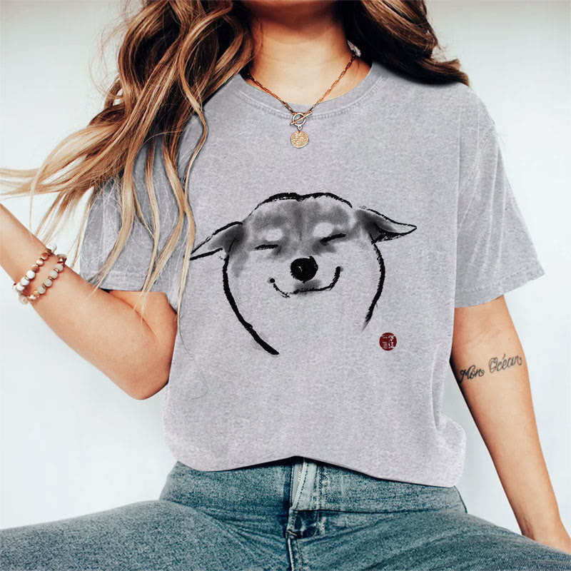 100% Cotton Cute Shiba Inu Print Casual T-shirt - Grey - 2XL - image 6