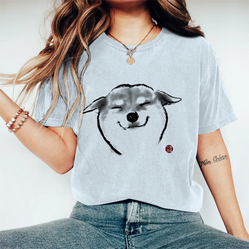 100% Cotton Cute Shiba Inu Print Casual T-shirt - Blue - 2XL - image 5