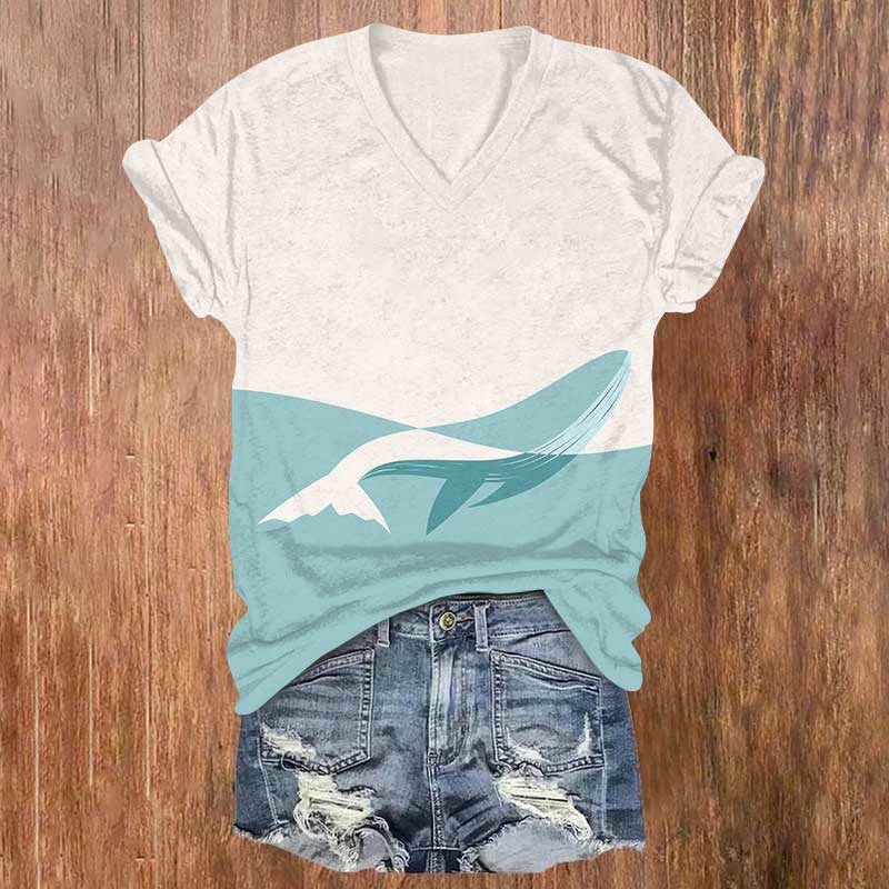 Vintage Sea Surface Bisection Whale Print V-neck T-shirt - Green - US32-34(5XL) - image 2