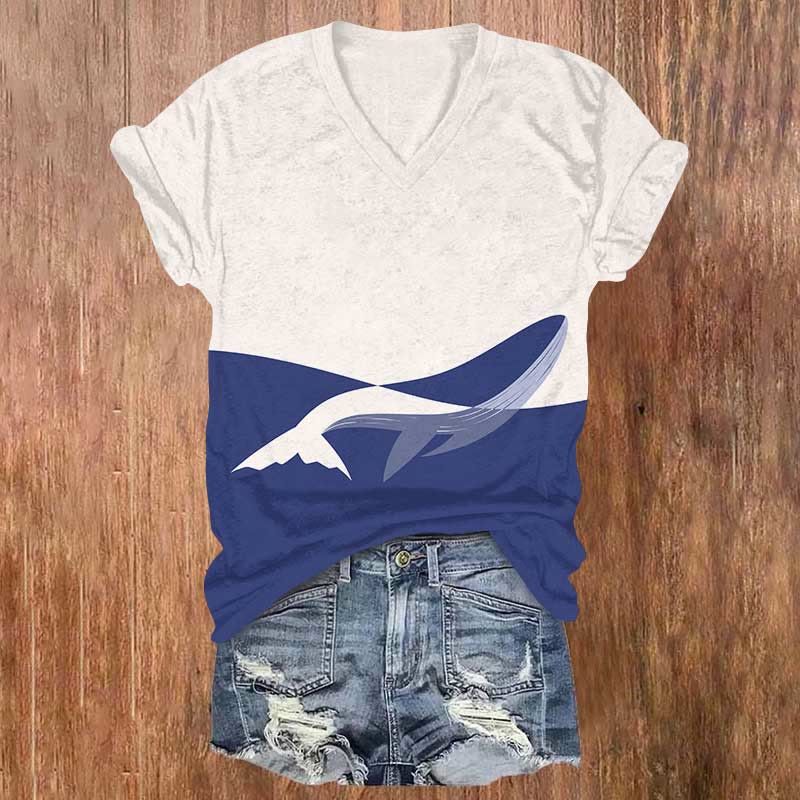 Vintage Sea Surface Bisection Whale Print V-neck T-shirt - Blue - US32-34(5XL) - image 1