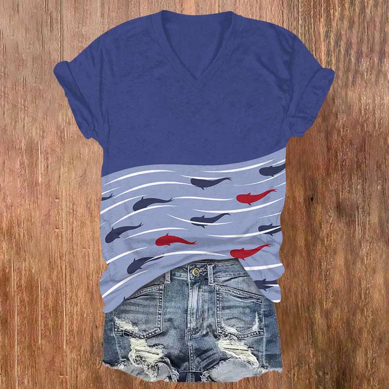 Vintage Simple Goldfish In River Art Print V-neck T-shirt - Blue - US32-34(5XL) - image 1