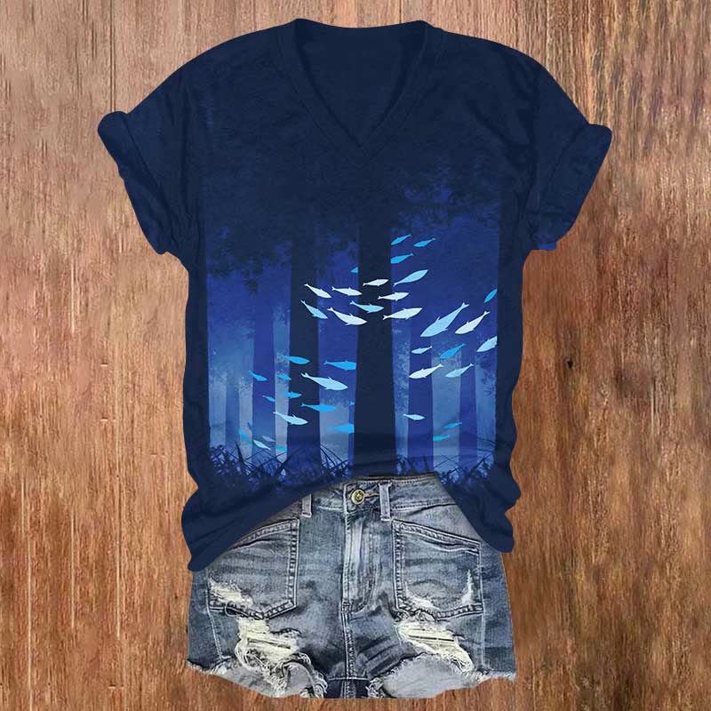 Mysterious Glowing Fish In The Forest Print V-neck T-shirt - Dark Blue - US32-34(5XL) - image 1