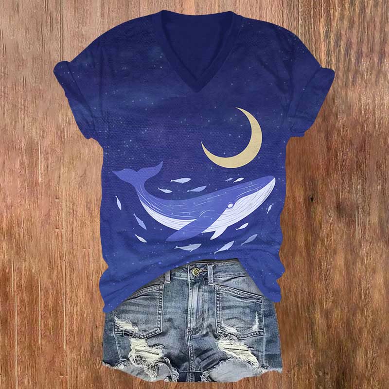 Vintage Whale Under Crescent Moon Art Print V-neck T-shirt - Blue - US32-34(5XL) - image 1