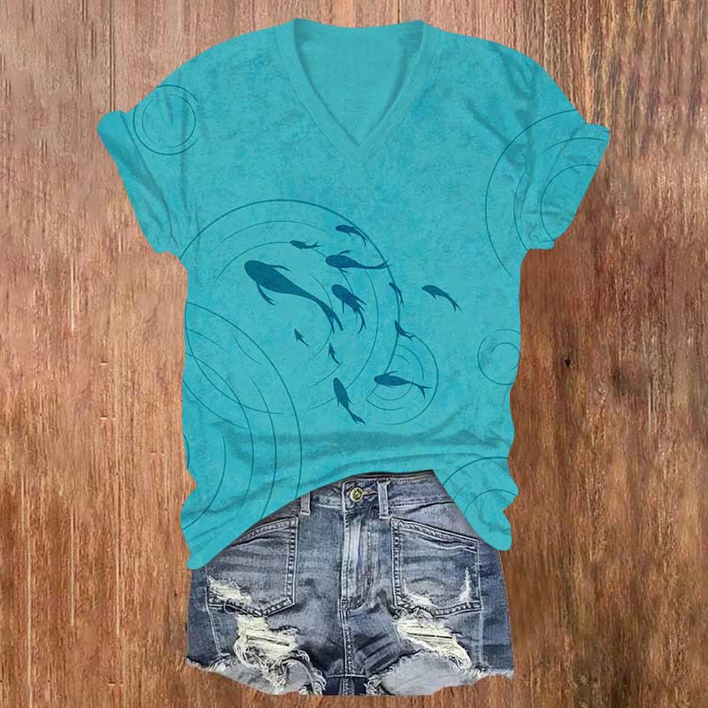 Vintage Bubble Goldfish Art Print V-neck T-shirt - Green - US32-34(5XL) - image 2