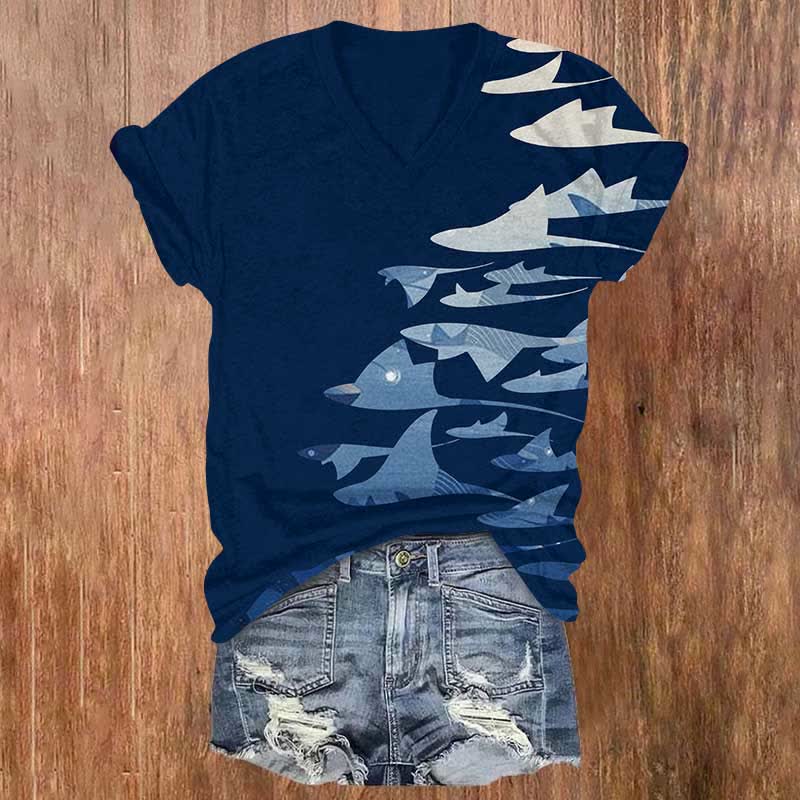 Vintage Abstract Cartoon Ray Art Print V-neck T-shirt - Navy Blue - US32-34(5XL) - image 1