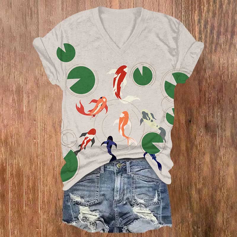 Vintage Colorful Koi In Lotus Pond Art Print V-neck T-shirt - Apricot - US32-34(5XL) - image 2