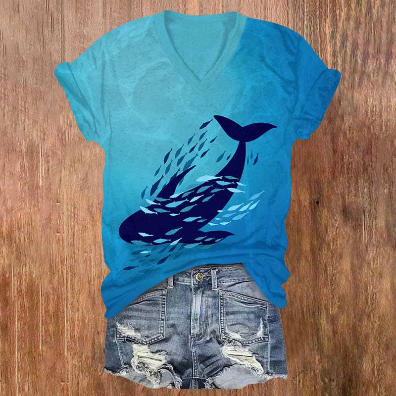 Ombre Whale Surrounded By Small Fish Print V-neck T-shirt - Blue - US32-34(5XL) - image 1