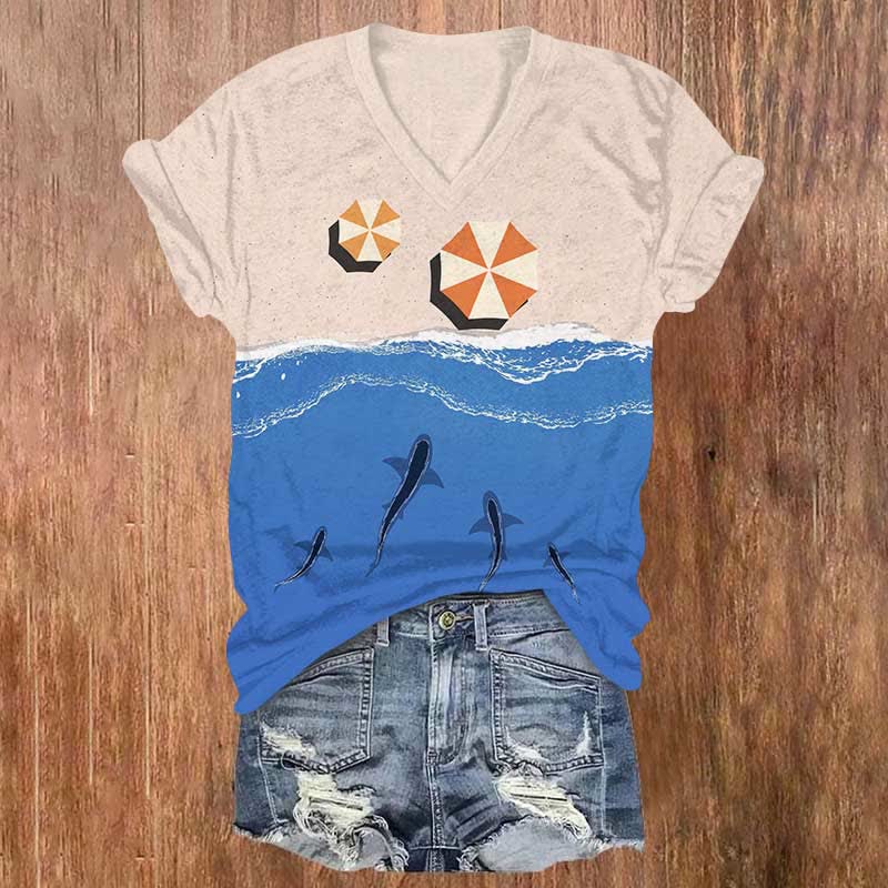 Vintage Contrast Ocean Shark & Beach Art Print V-neck T-shirt - Blue - US32-34(5XL) - image 1