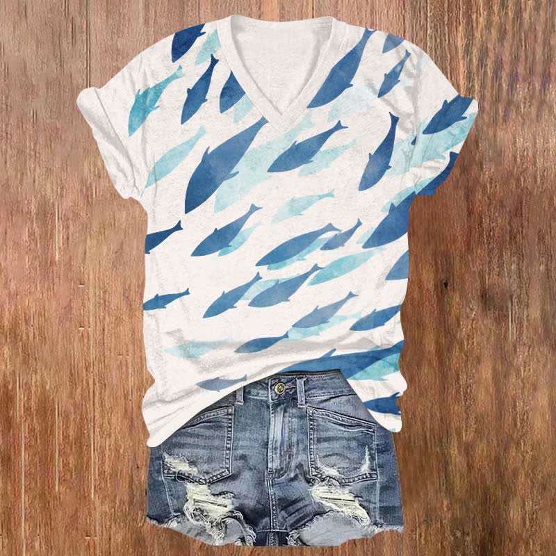 Vintage Ombre Fish School Art Print V-neck T-shirt - Beige - US32-34(5XL) - image 1