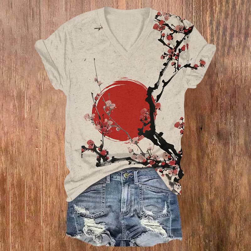 Japanese Sun Watercolor Plum Blossoms Art Print V-neck T-shirt - Apricot - US32-34(5XL) - image 1