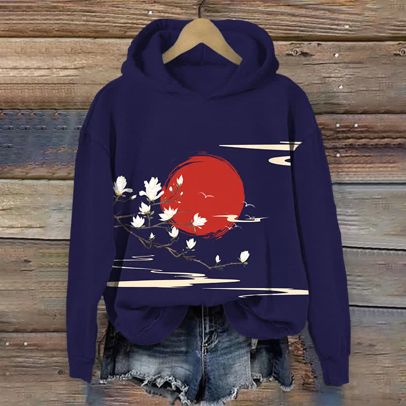 Japanese Sun & Blossoms Art Print Long Sleeve Hoodie - Blue - US44-46(8XL) - image 2