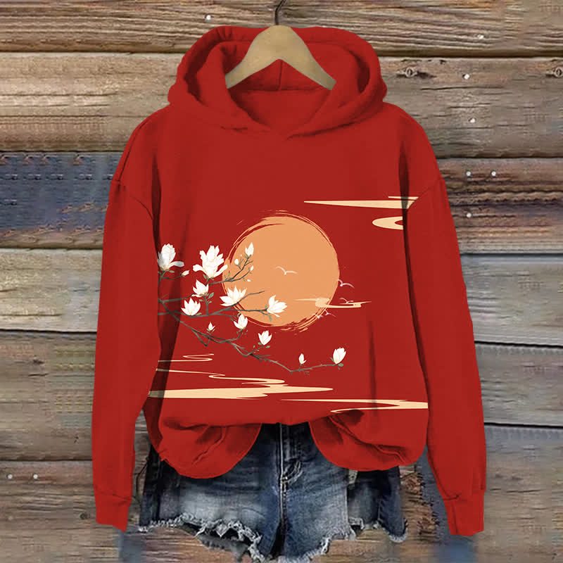 Japanese Sun & Blossoms Art Print Long Sleeve Hoodie - Red - US44-46(8XL) - image 1