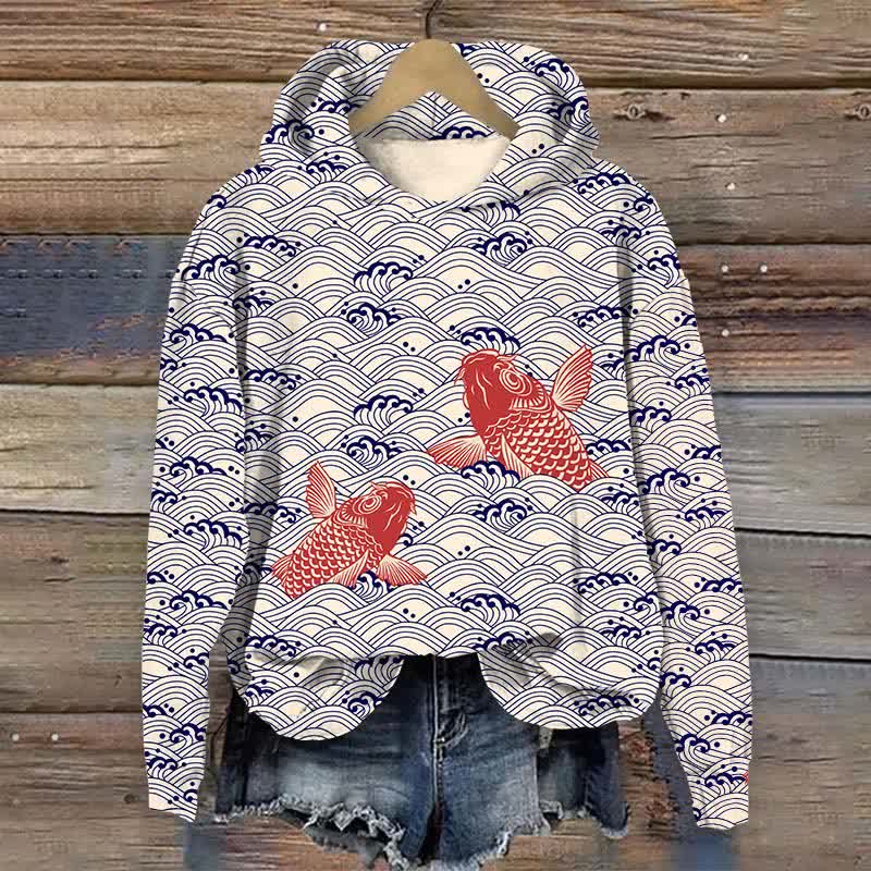 Japanese Cute Koi In Ocean Wave Pattern Print Long Sleeve Hoodie - Royal Blue - US44-46(8XL) - image 2