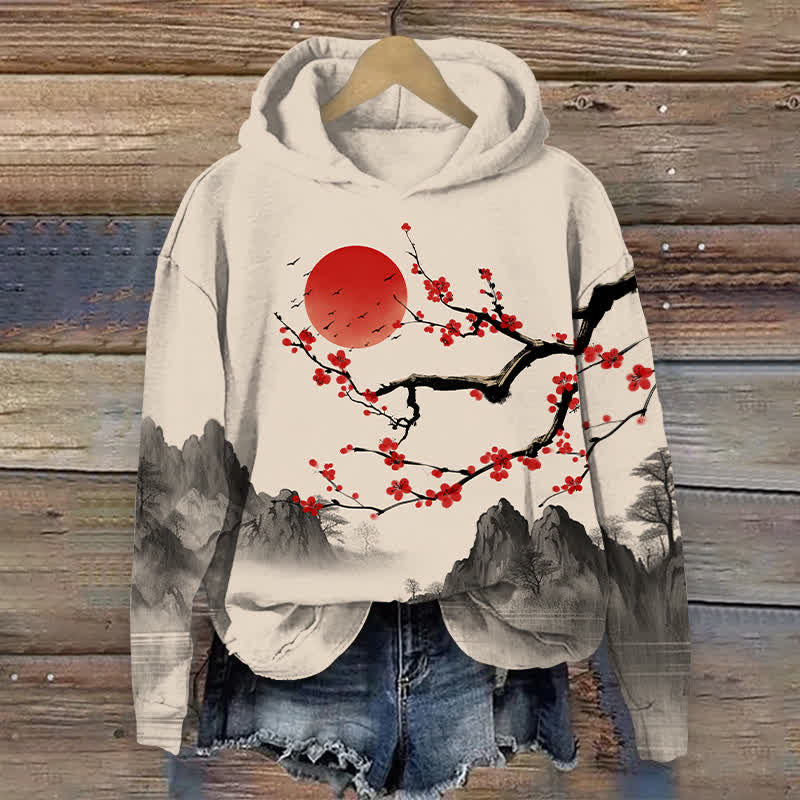 Japanese Vintage Landscape Of Plum Blossom Art Print Long Sleeve Hoodie - Apricot - US44-46(8XL) - image 1
