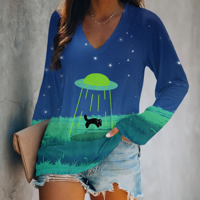 Contrast Funny UFO Black Cat On The Grass Art Print Long Sleeve T-shirt - Blue - 5XL - image 1