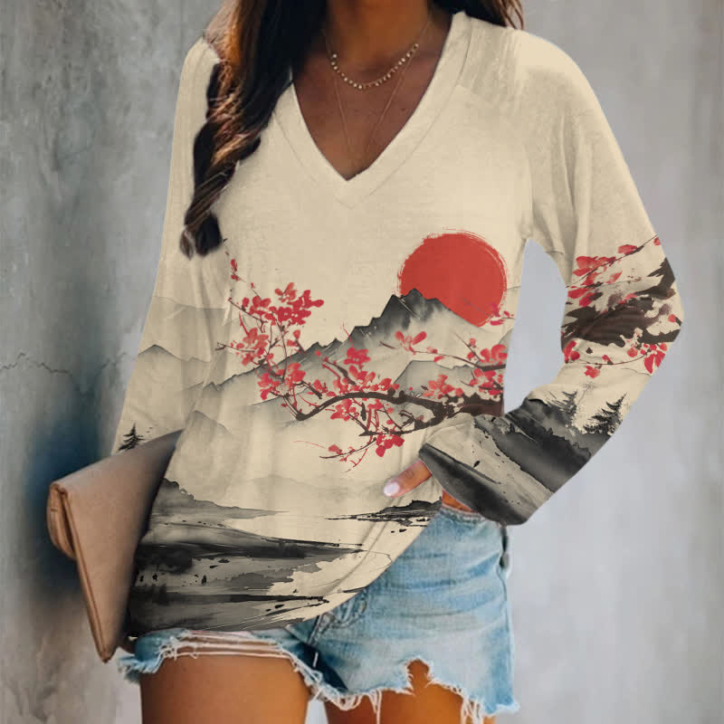Japanese Landscape Painting Of Plum Tree Art Print Long Sleeve T-shirt - Apricot - 5XL - image 1
