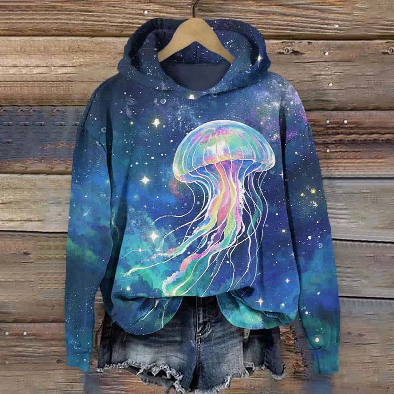 Fantasy Colorful Jellyfish Under Mystical Universe Art Print Long Sleeve Hoodie - Blue - US44-46(8XL) - image 1