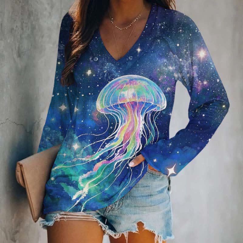 Fantasy Colorful Jellyfish Under Mystical Universe Art Print Long Sleeve T-shirt - Blue - 5XL - image 1