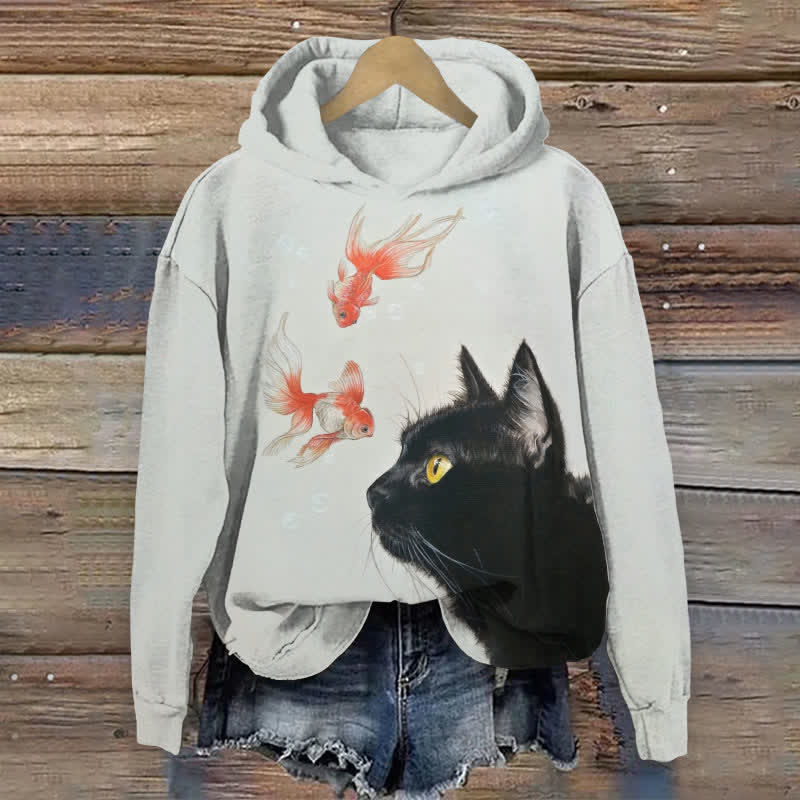 Cute Black Cat And Goldfish Print Long Sleeve Hoodie - Light Gray - US44-46(8XL) - image 1