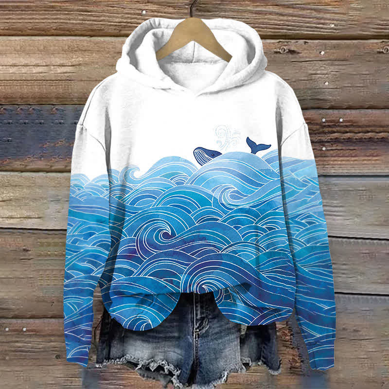 Japanese Whale & Ocean Wave Print Long Sleeve Hoodie - Blue - US44-46(8XL) - image 1