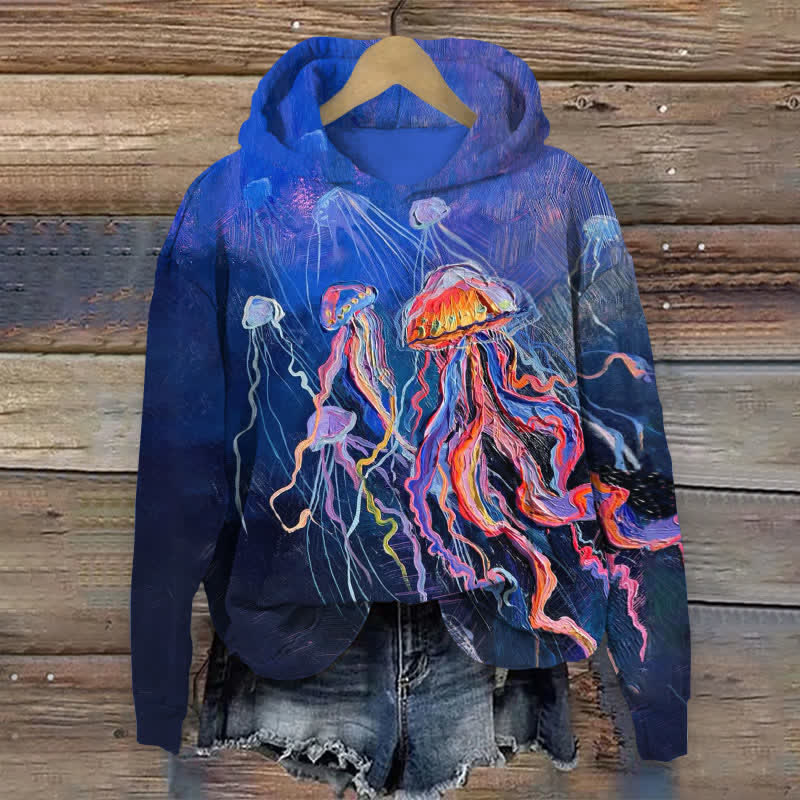 Oil Painting Jellyfish Contrast Color Print Long Sleeve Hoodie - Blue - US44-46(8XL) - image 1