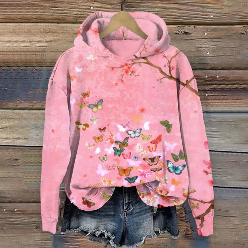 Painting Flowers And Butterflies Art Print Long Sleeve Hoodie - Pink - US44-46(8XL) - image 1