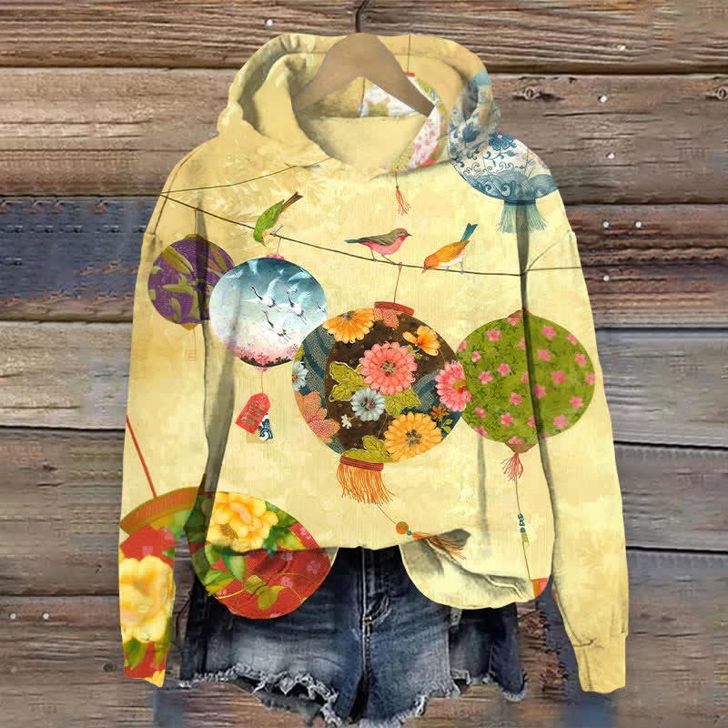 Japanese Lanterns And Birds Art Print Long Sleeve Hoodie - Yellow - US44-46(8XL) - image 1