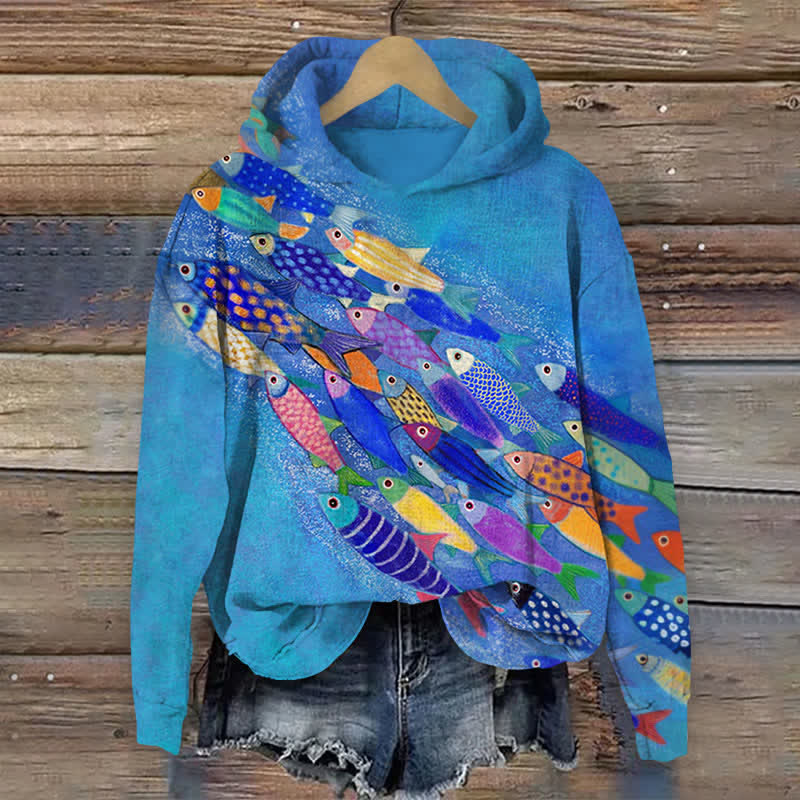 Japanese Colorful Cartoon Fish School Art Print Long Sleeve Hoodie - Blue - US44-46(8XL) - image 1