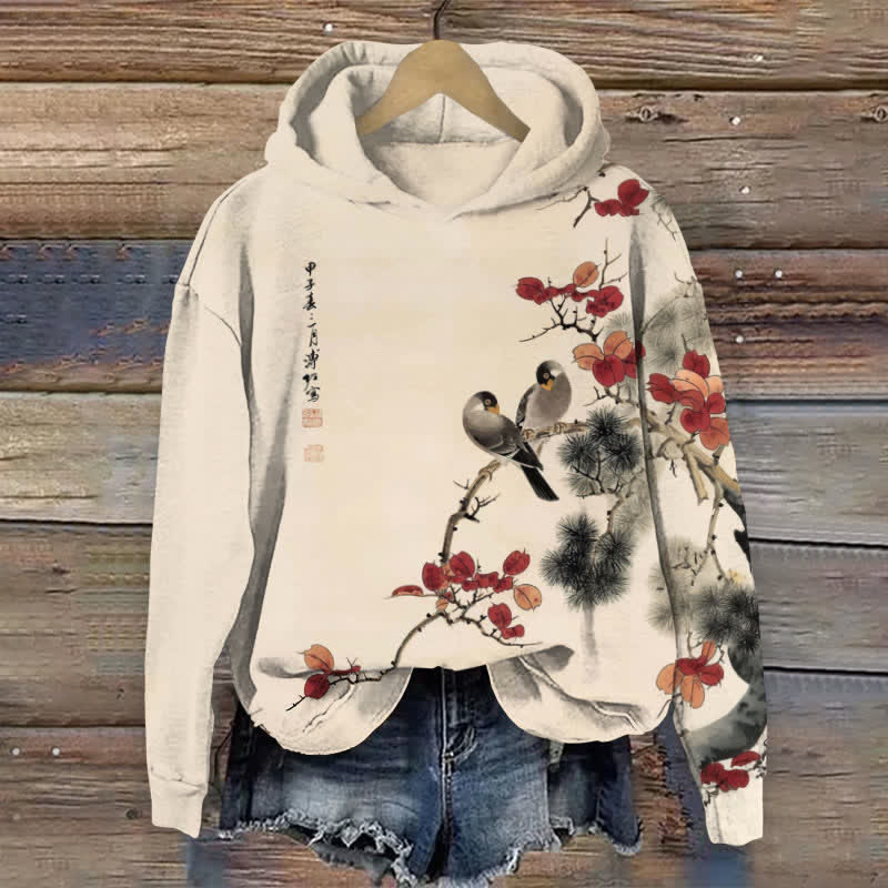 Japanese Vintage Loving Birds On The Tree Print Long Sleeve Hoodie - Apricot - US44-46(8XL) - image 1
