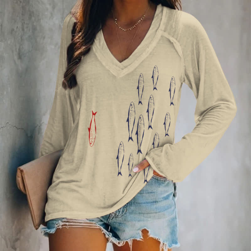 Vintage Sardines School Art Print Long Sleeve T-shirt - Apricot - 5XL - image 1