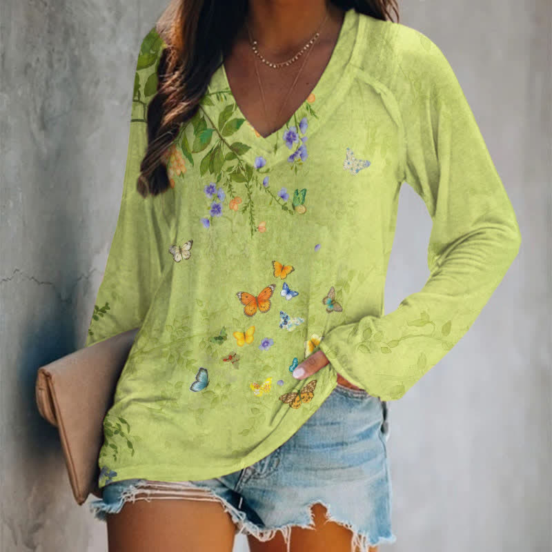 Painting Flowers And Butterflies Art Print Long Sleeve T-shirt - Green - 5XL - image 1