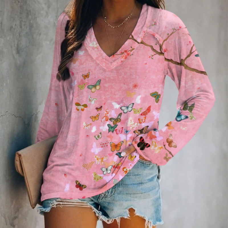 Painting Flowers And Butterflies Art Print Long Sleeve T-shirt - Pink - 5XL - image 1