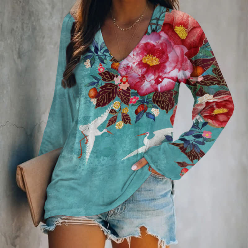 Japanese Flowers And Cranes Art Print Long Sleeve T-shirt - Blue - 5XL - image 1