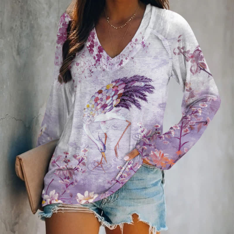 Japanese Crane And Pond Art Print Long Sleeve T-shirt - Purple - 5XL - image 1