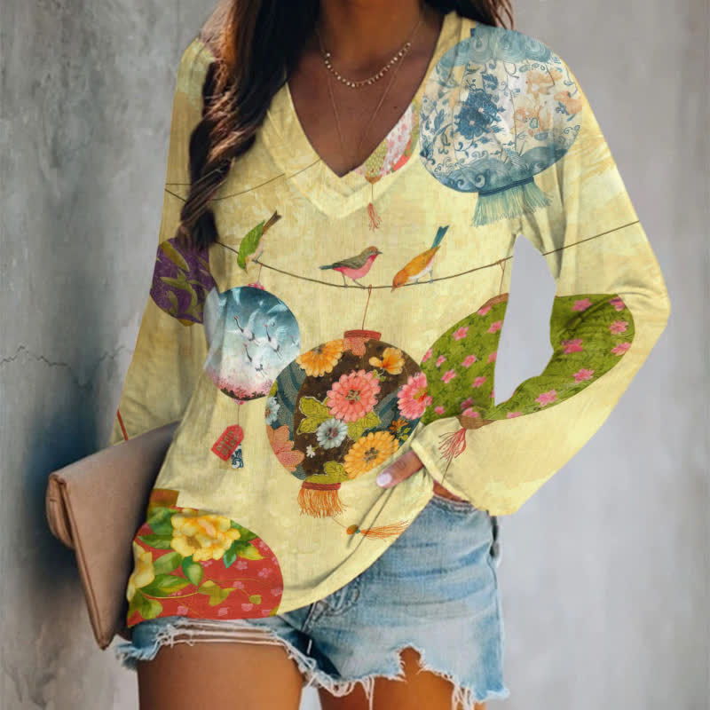 Japanese Lanterns And Birds Art Print Long Sleeve T-shirt - Yellow - 5XL - image 1