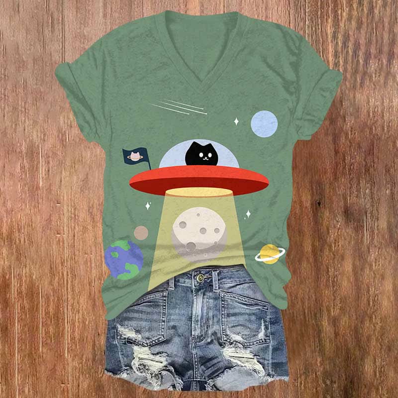 Vintage Funny UFO Black Cat Art Print V-neck T-shirt - Green - US32-34(5XL) - image 2