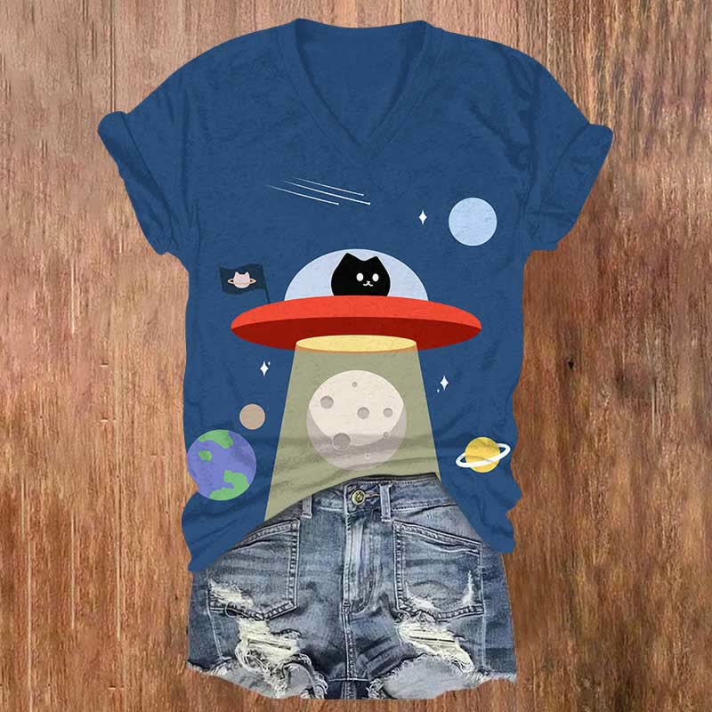 Vintage Funny UFO Black Cat Art Print V-neck T-shirt - Blue - US32-34(5XL) - image 1