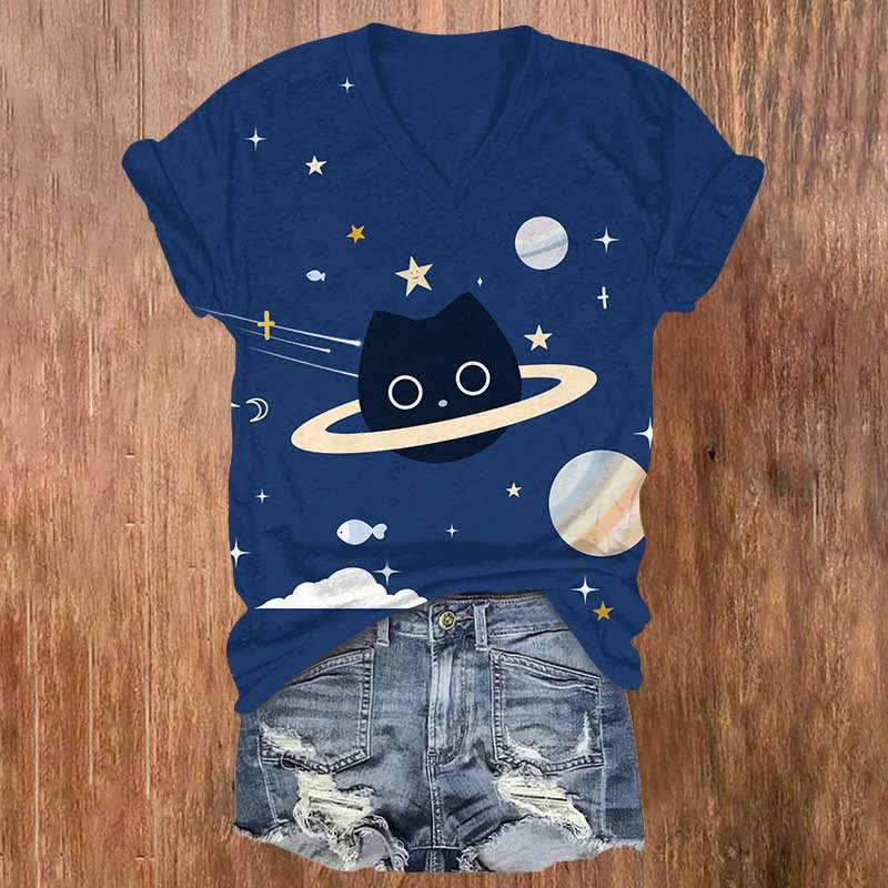 Funny Universe Cat Planet Art Print V-neck T-shirt - Royal Blue - US32-34(5XL) - image 2
