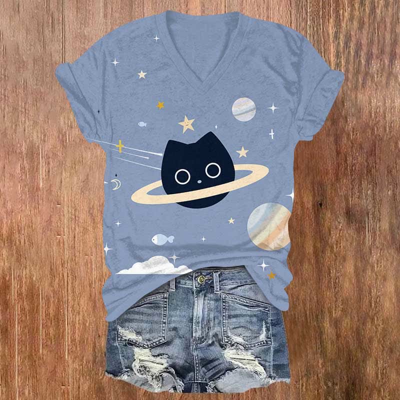 Funny Universe Cat Planet Art Print V-neck T-shirt - Blue - US32-34(5XL) - image 1