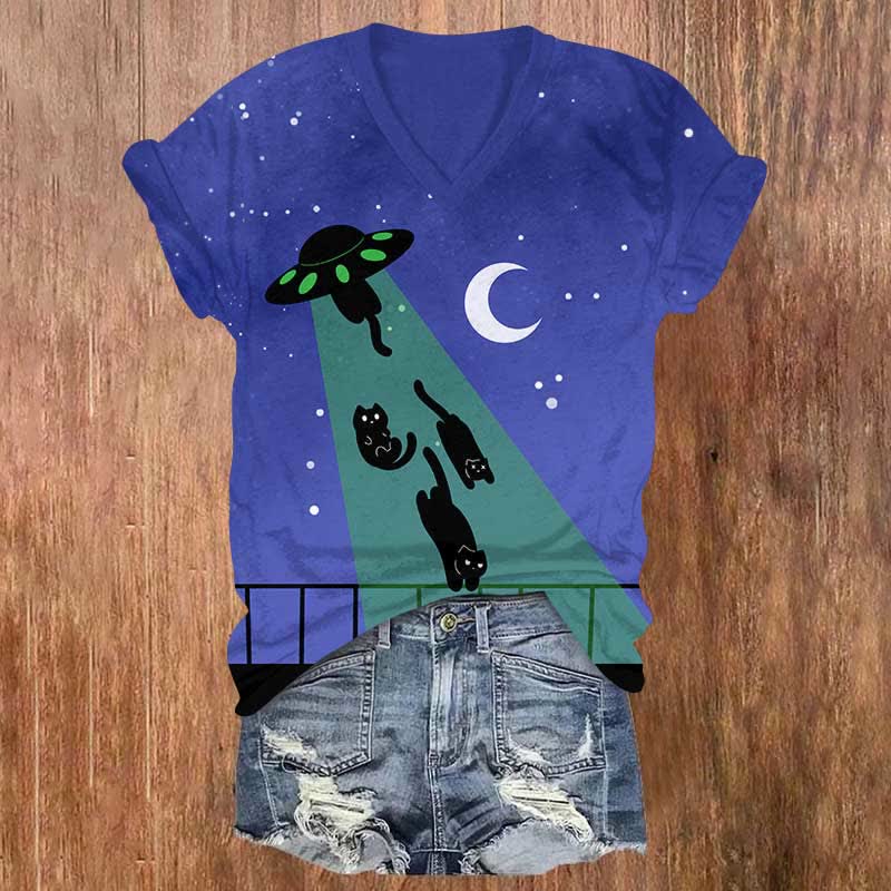 Funny UFO Catching Black Cats Art Print V-neck T-shirt - Blue - US32-34(5XL) - image 1