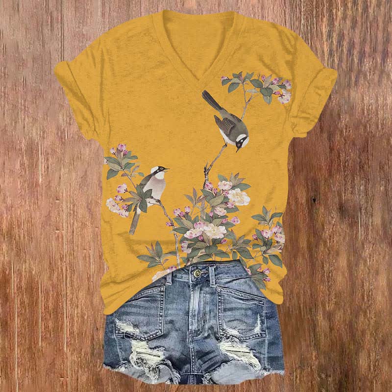 Japanese Vintage Birdsong And Flowers Artprint V-neck T-shirt - Yellow - US32-34(5XL) - image 1