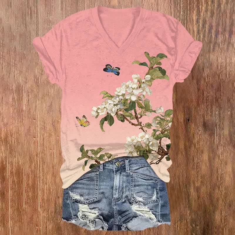 Japanese Vintage Butterfly & Pear Blossom Art Print V-neck T-shirt - Pink - US32-34(5XL) - image 2