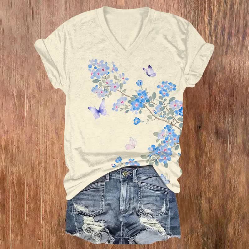 Japanese Ombre Flowers & Butterfly Art Print V-neck T-shirt - Apricot - US32-34(5XL) - image 2