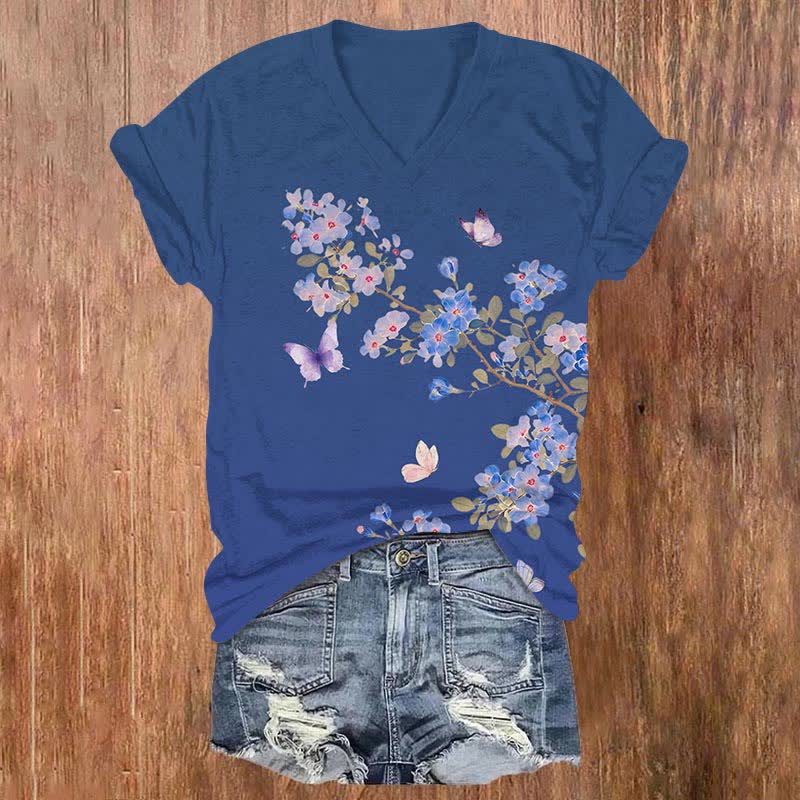Japanese Ombre Flowers & Butterfly Art Print V-neck T-shirt - Blue - US32-34(5XL) - image 1