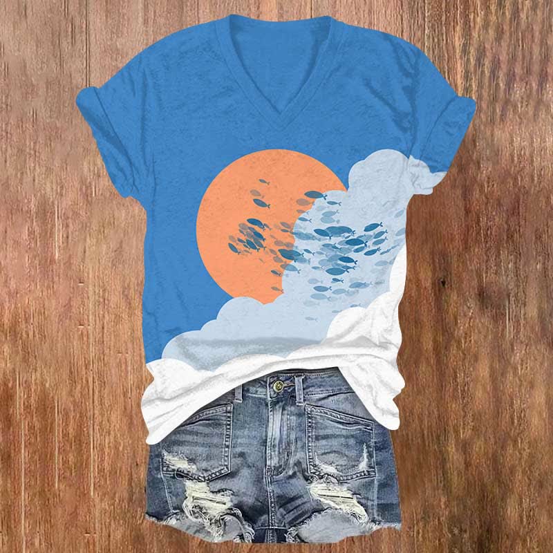 Funny Fish Breaking Through The Clouds Print V-neck T-shirt - Blue - US32-34(5XL) - image 1