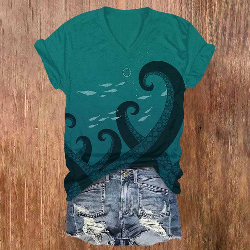 Vintage Underwater Octopus Tentacle & Fish School Print V-neck T-shirt - Green - US32-34(5XL) - image 2
