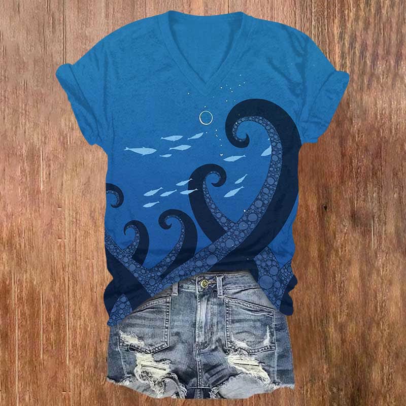 Vintage Underwater Octopus Tentacle & Fish School Print V-neck T-shirt - Blue - US32-34(5XL) - image 1